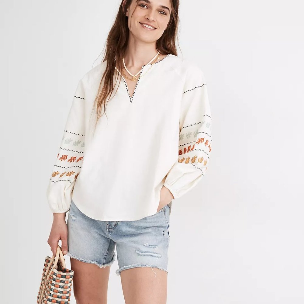 Madewell Cream Peasant Blouse with Multicolor Embroidered Sleeves